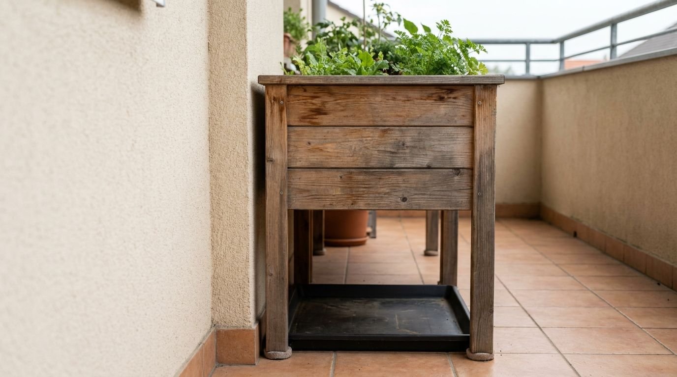 Hochbeet auf dem Balkon: schmales Tischbeet direkt an der Hauswand, darunter eine Auffangwanne Hochbeet auf dem Balkon: schmales Tischbeet direkt an der Hauswand, darunter eine Auffangwanne