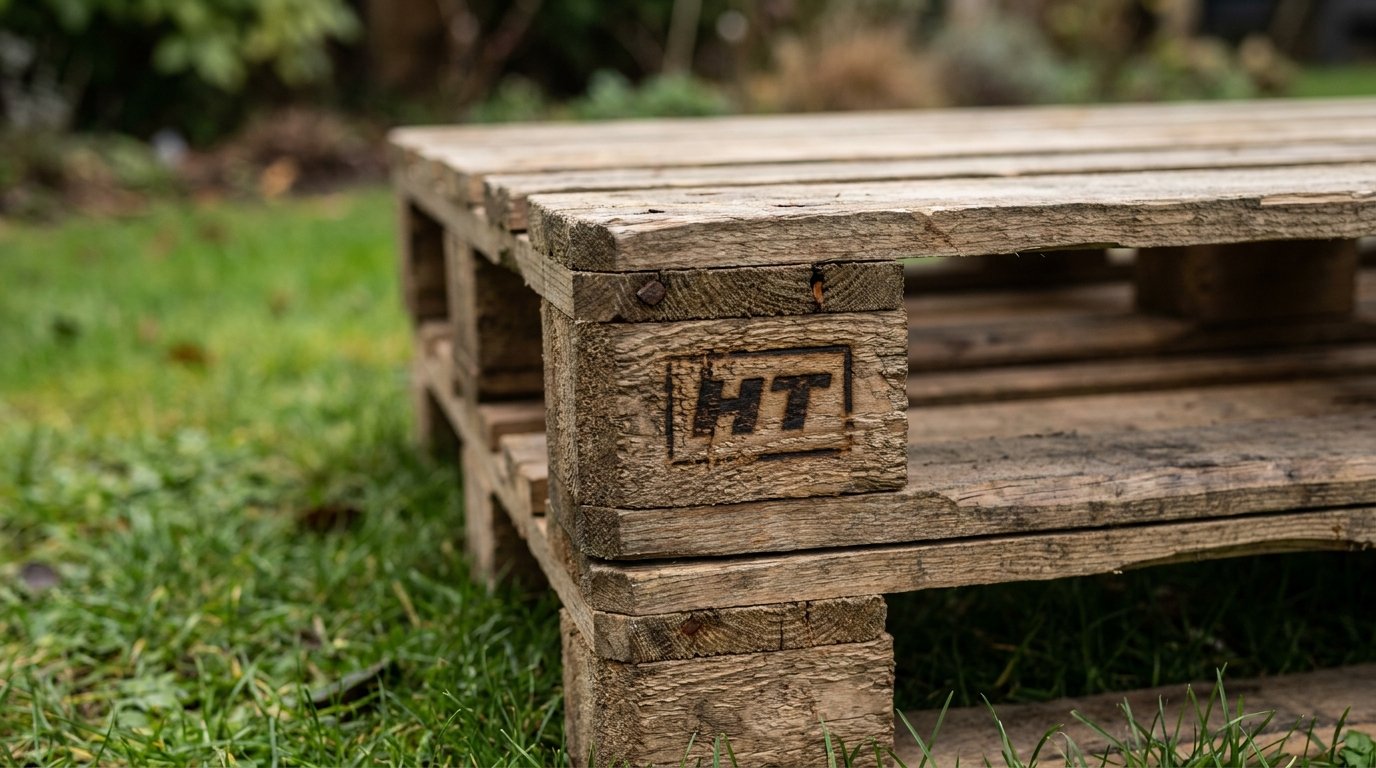 Hochbeet aus Paletten: zwei Europaletten übereinander auf einer Wiese, die Stirnseite eines Klotzes mit eingebranntem HT-Stempel ist nah zu sehen Hochbeet aus Paletten: zwei Europaletten übereinander auf einer Wiese, die Stirnseite eines Klotzes mit eingebranntem HT-Stempel ist nah zu sehen