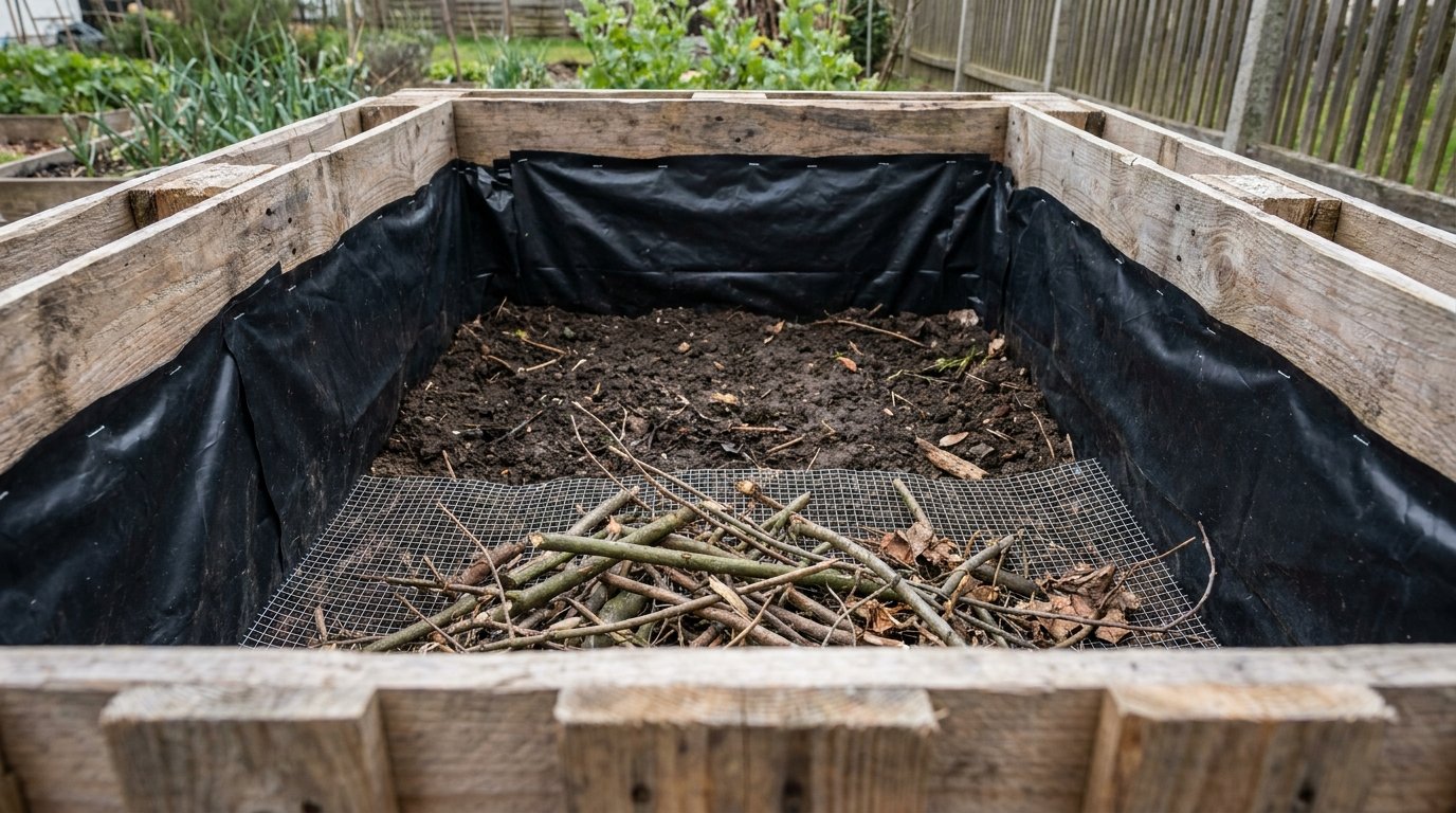 Hochbeet aus Paletten: Innenseite, schwarze Folie über die Deckbretter getackert, schwarze Folie über die Deckbretter getackert, unten das verzinkte Drahtgitter, darüber die erste Lage Astwerk Hochbeet aus Paletten: Innenseite, schwarze Folie über die Deckbretter getackert, schwarze Folie über die Deckbretter getackert, unten das verzinkte Drahtgitter, darüber die erste Lage Astwerk