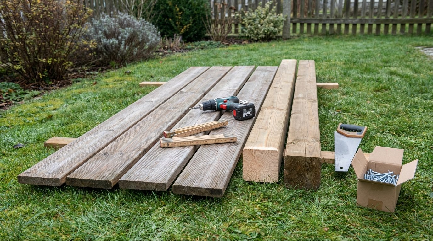 Hochbeet selber bauen: Lärchenbohlen und Kanthölzer auf einer Wiese abgelegt, daneben Zollstock, Akkuschrauber und eine Handsäge Hochbeet selber bauen: Lärchenbohlen und Kanthölzer auf einer Wiese abgelegt, daneben Zollstock, Akkuschrauber und eine Handsäge