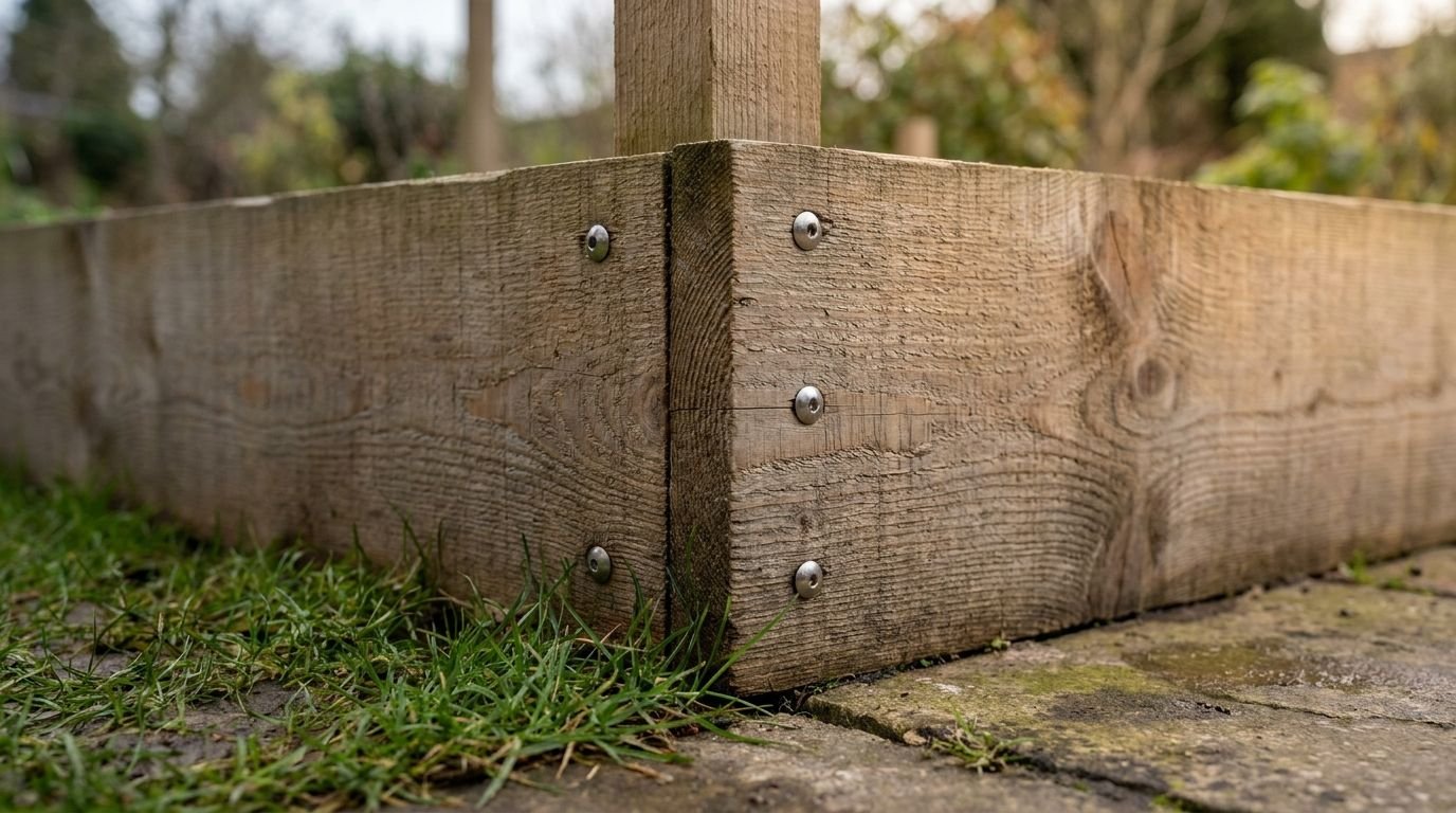 Ecke eines selbst gebauten Hochbeets, Bohlen von außen an einen kräftigen Kantholzpfosten geschraubt
