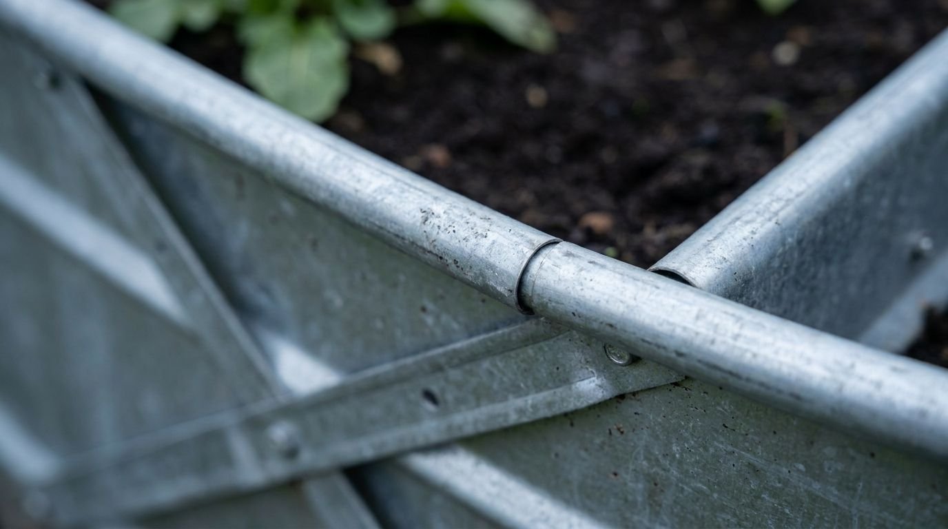 Hochbeet aus Metall: gerundete Oberkante eines verzinkten Beets mit verschraubten Querstreben