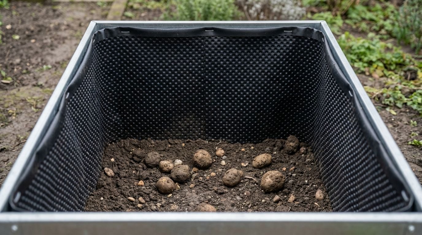 Innenansicht eines Metallhochbeets, an der Wand liegt Noppenfolie, der Boden bleibt offen zur Erde