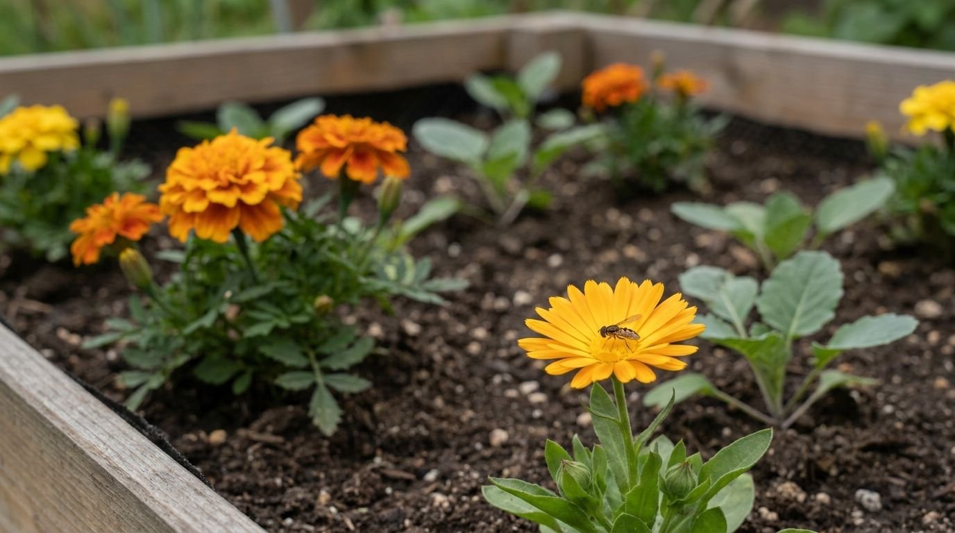 Hochbeet mit Blumen bepflanzen: orange Tagetes und gelbe Ringelblumen zwischen Kohlpflanzen