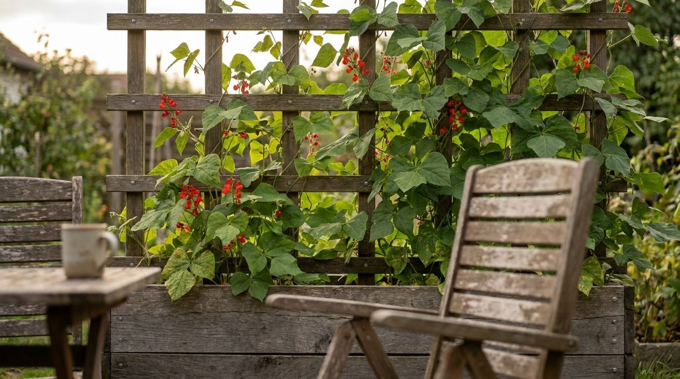 Hochbeet mit Rankgitter, daran hochrankende Feuerbohnen mit roten Blüten als blühender Sichtschutz