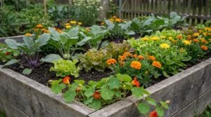 Hochbeet mit Gemüse und blühenden Ringelblumen, Tagetes und Kapuzinerkresse am Beetrand