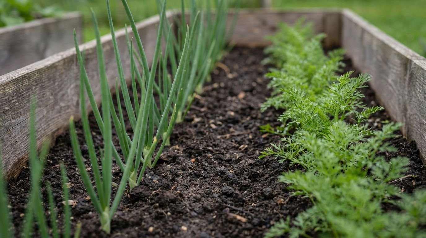 Mischkultur im Hochbeet: Reihe junger Zwiebeln direkt neben einer Reihe Möhrenlaub in dunkler Erde
