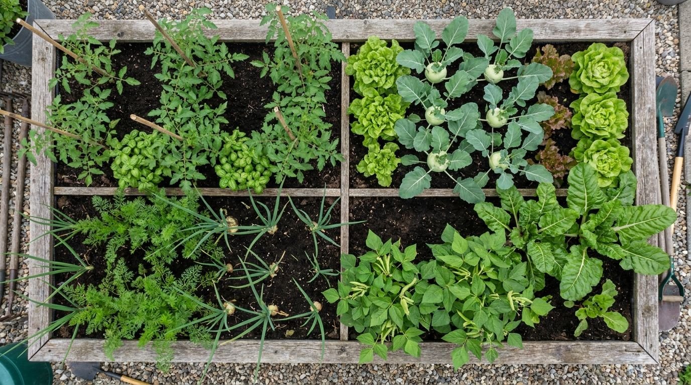 Hochbeet von oben, in vier Abschnitte mit unterschiedlichen Gemüsearten unterteilt
