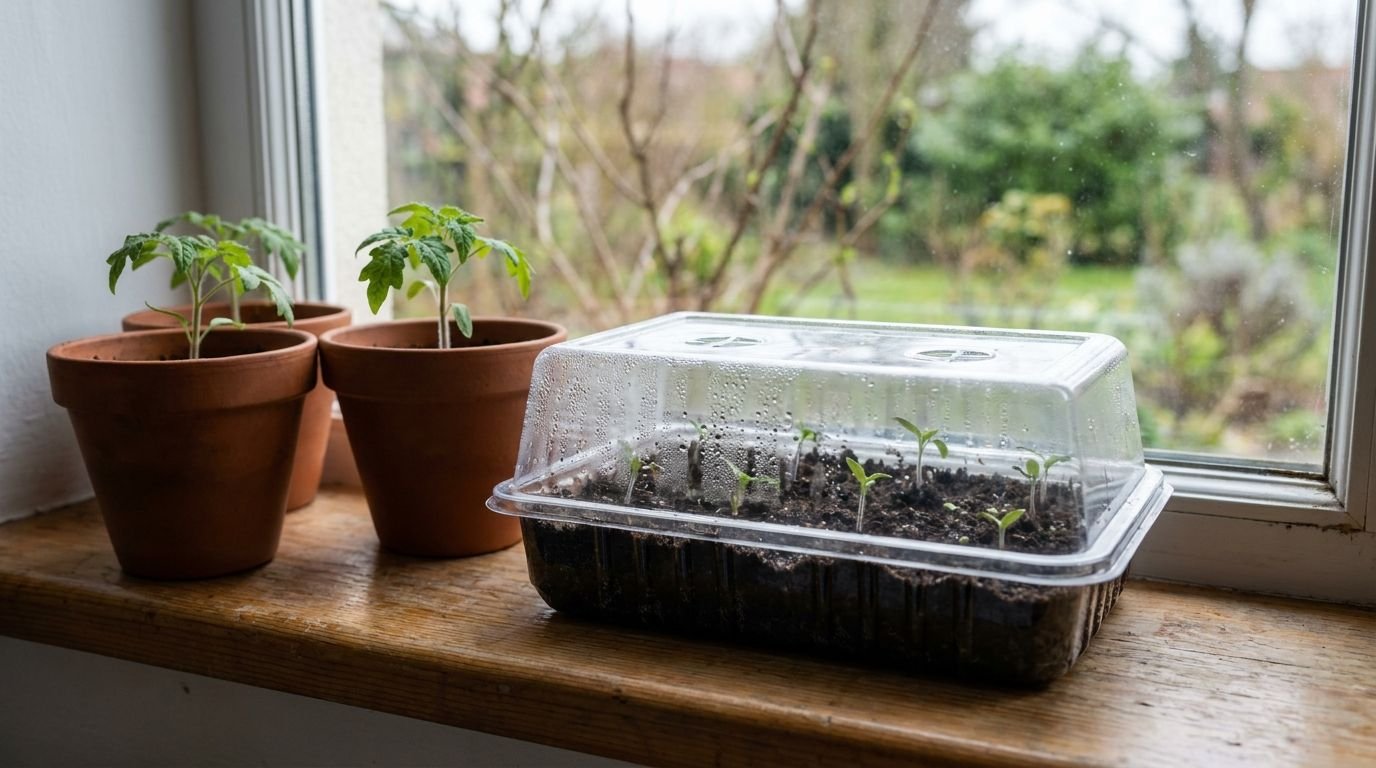 Tomaten vorziehen: Anzucht in einem Zimmergewächshaus auf einer Fensterbank, aus der Erde schieben sich gerade die Keimblätter, daneben Töpfe mit ersten echten Blattpaaren
