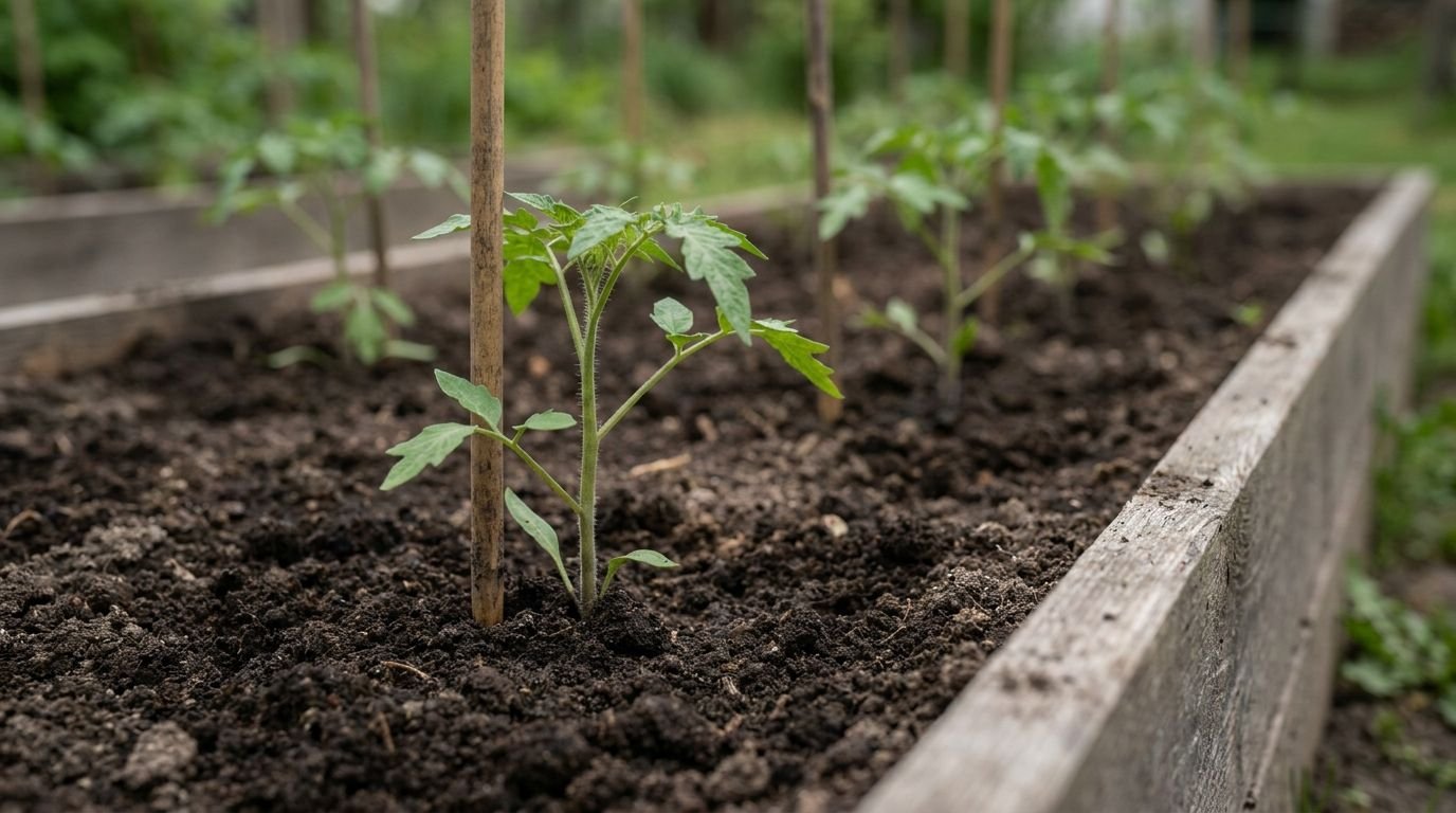 Tomaten vorziehen: junge Pflanze frisch ins Hochbeet gesetzt, bis zum ersten Blattpaar tief in dunkler Erde, daneben ein Stab zur Stützung, im Hintergrund weitere Jungpflanzen