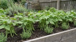 Buschbohnen mit jungen Hülsen in einem Hochbeet, niedriger buschiger Wuchs, dazwischen Bohnenkraut