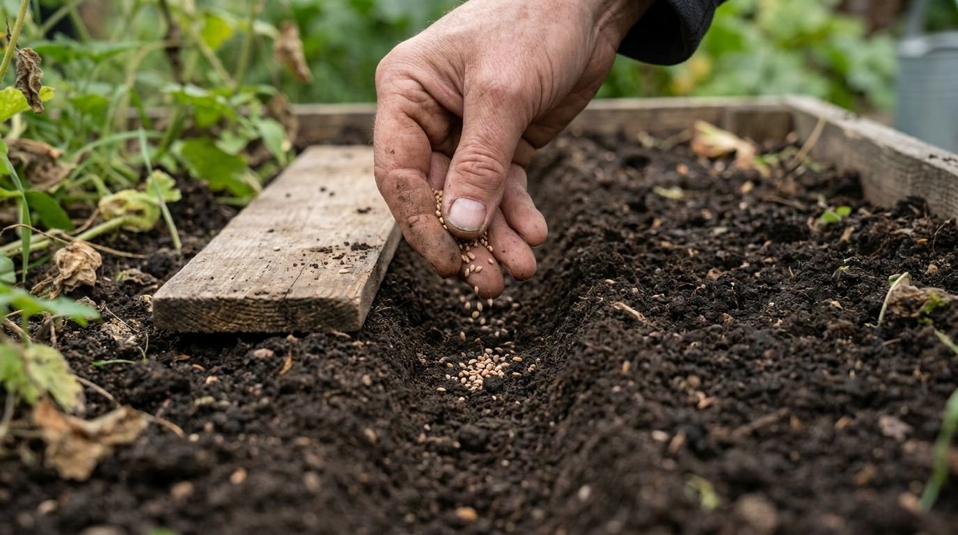 Feldsalat im Hochbeet: Hand streut feine Samen in eine flache Rille im dunklen Boden