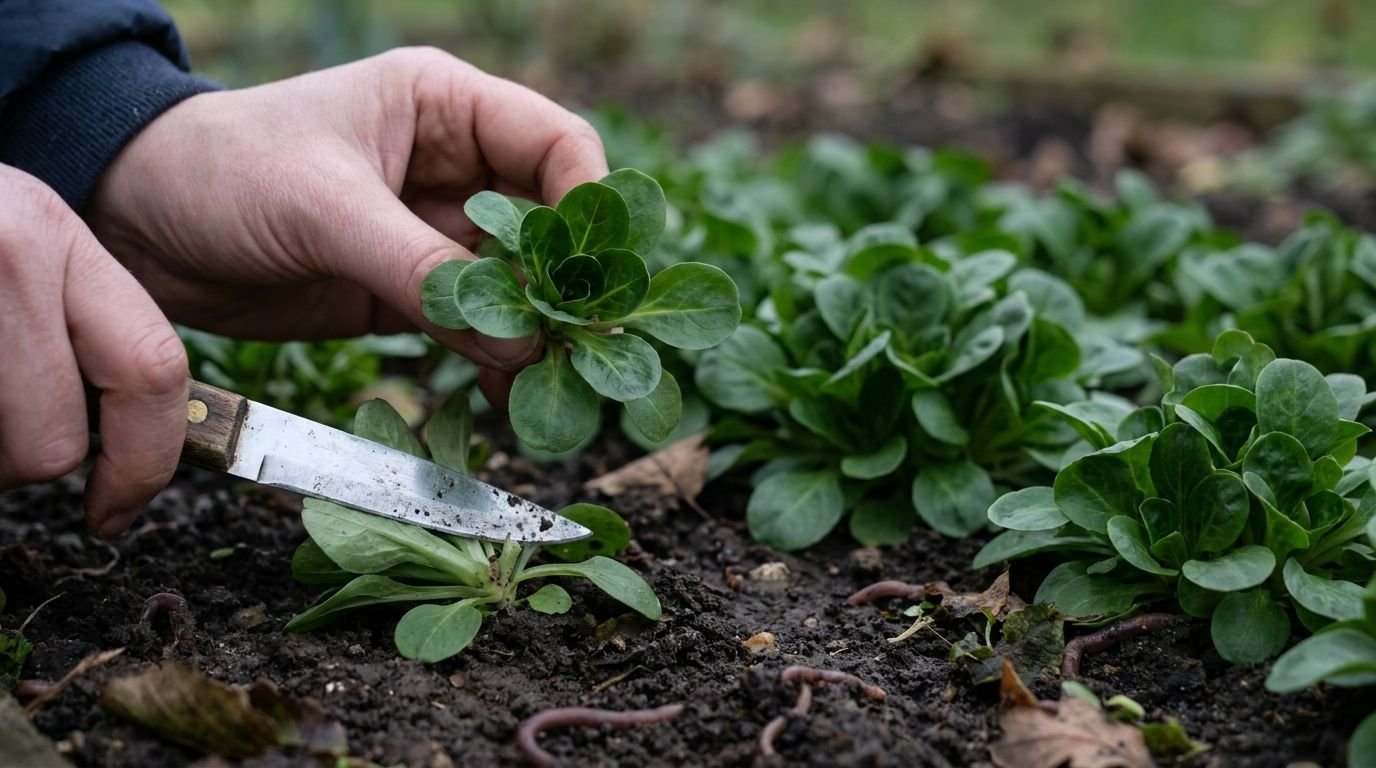 Messer schneidet eine Feldsalatrosette dicht über dem Boden ab, weitere Rosetten daneben