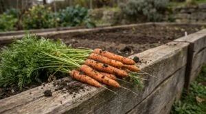 Frisch geerntete Möhren mit Kraut liegen auf dem Holzrand eines Hochbeets