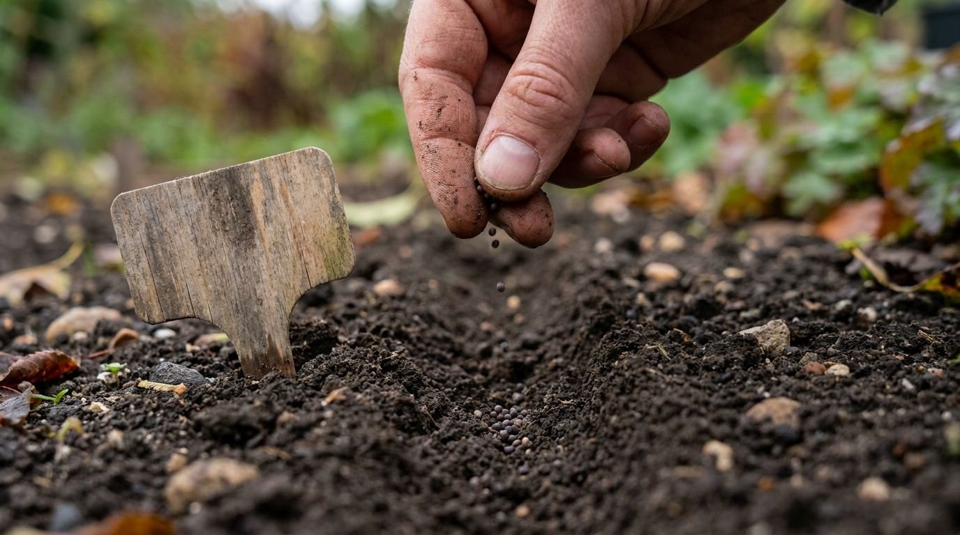 Rucola im Hochbeet: Hand streut feine Samen in eine flache Saatrille in dunkler Erde Rucola im Hochbeet: Hand streut feine Samen in eine flache Saatrille in dunkler Erde