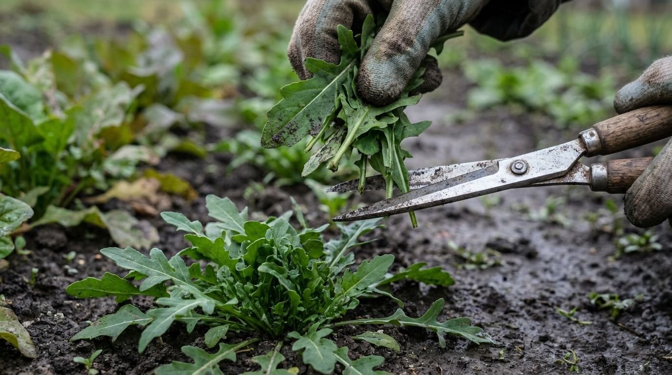 Schere schneidet Rucolablätter dicht über dem Boden ab, das Herz der Pflanze bleibt stehen Schere schneidet Rucolablätter dicht über dem Boden ab, das Herz der Pflanze bleibt stehen