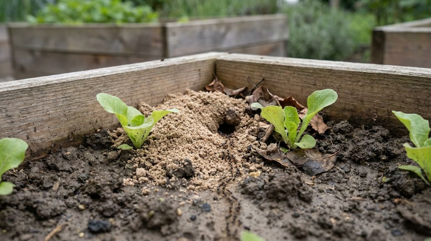 Ameisen im Hochbeet: aufgeworfener heller Erdhügel mit münzgroßem Nesteingang zwischen jungen Salatpflanzen Ameisen im Hochbeet: aufgeworfener heller Erdhügel mit münzgroßem Nesteingang zwischen jungen Salatpflanzen