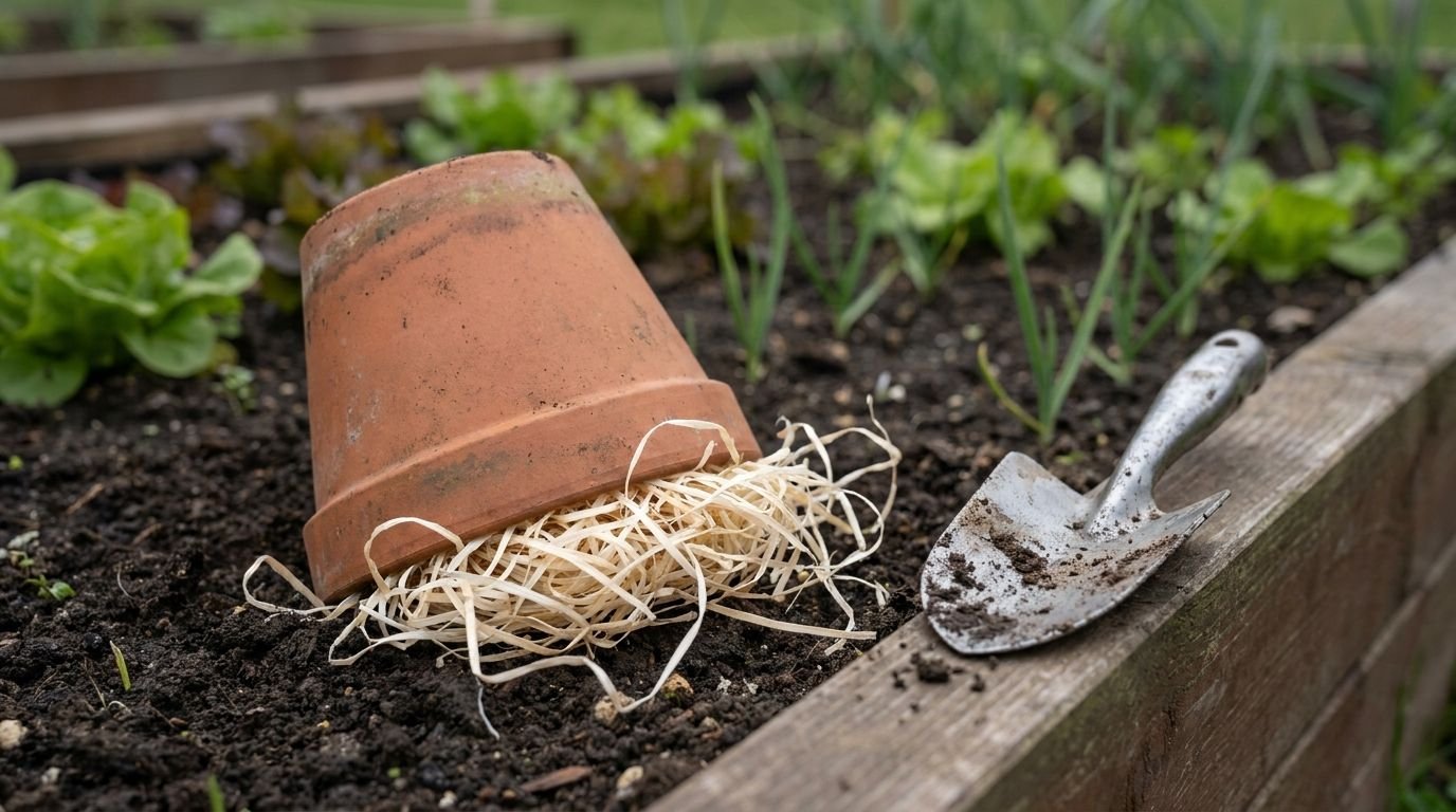 Tontopf mit Holzwolle als Umsiedlungsquartier auf der Erde eines Hochbeets, daneben eine Handschaufel Tontopf mit Holzwolle als Umsiedlungsquartier auf der Erde eines Hochbeets, daneben eine Handschaufel