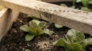 Ameisenstraße auf dem Holzrand eines Hochbeets, daneben feine Erdkrümel zwischen Salatpflanzen