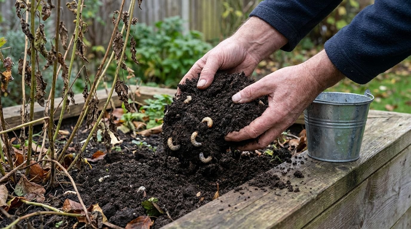 Hände heben die oberste Erdschicht eines Hochbeets an und sammeln Larven in einen kleinen Eimer Hände heben die oberste Erdschicht eines Hochbeets an und sammeln Larven in einen kleinen Eimer