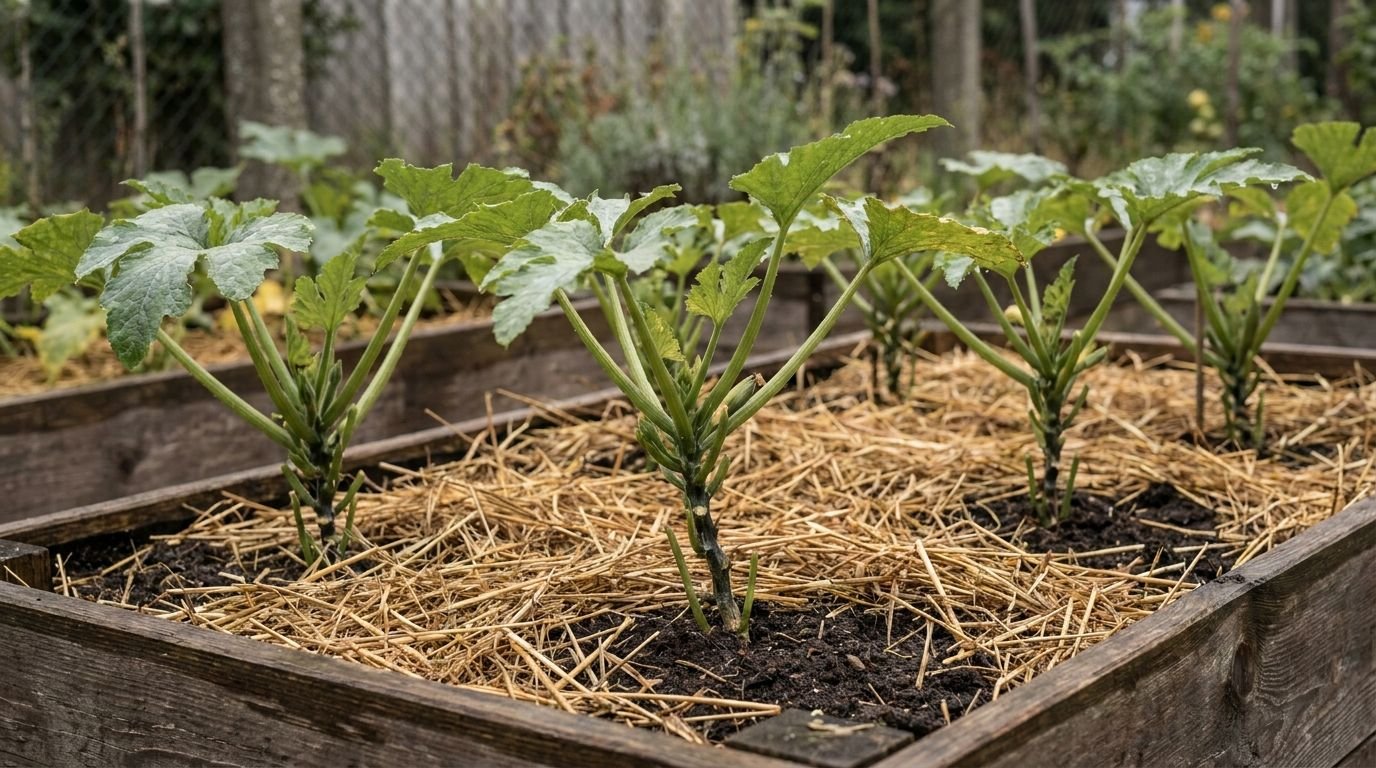 Mehltau vorbeugen: Zucchinipflanzen im Hochbeet mit ausgedünnten unteren Blättern, die Erde zwischen den Reihen mit Stroh gemulcht, saubere Luftführung bis zum Boden sichtbar