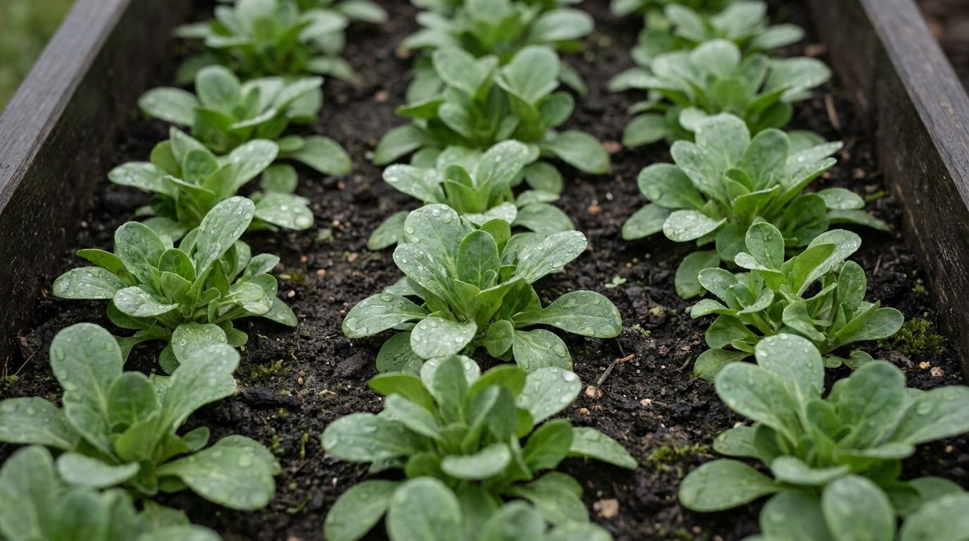 Hochbeet im Herbst bepflanzen: Beet Anfang Oktober mit dichten Reihen junger Feldsalatpflanzen