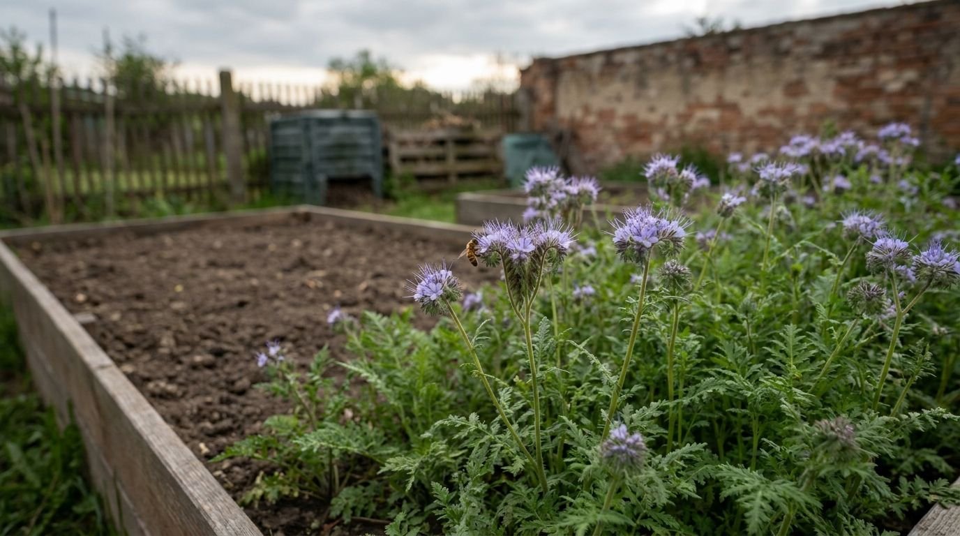 Blühende Phacelia als Gründüngung auf einer freien Fläche im Hochbeet