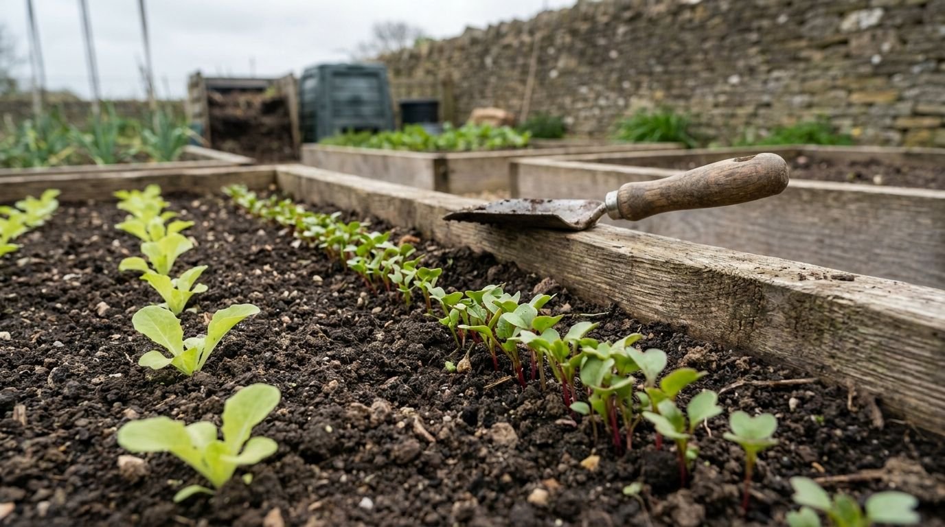 Hochbeet Jahresplan: frisch bepflanztes Beet im Frühjahr mit Reihen junger Salat- und Gemüsekeimlinge Hochbeet Jahresplan: frisch bepflanztes Beet im Frühjahr mit Reihen junger Salat- und Gemüsekeimlinge