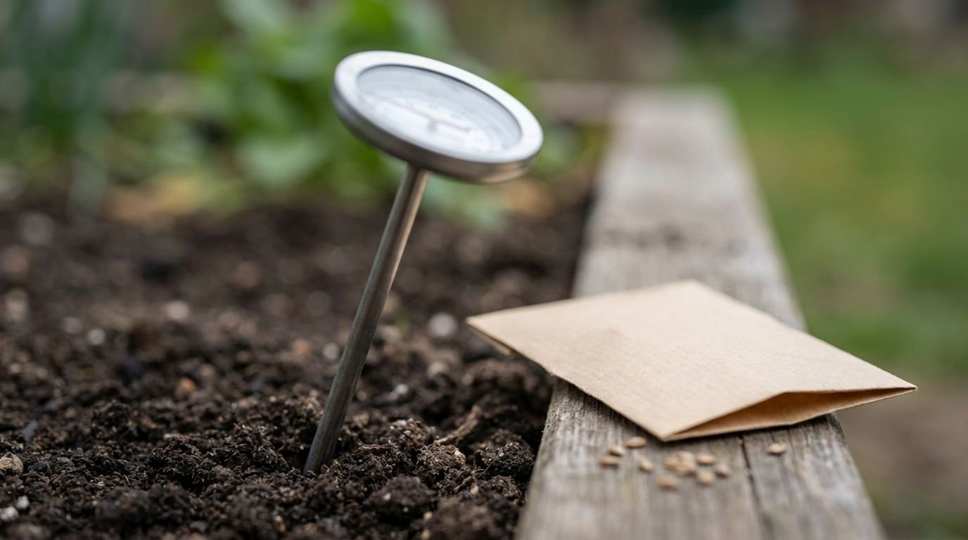 Thermometer steckt in der dunklen Erde eines Hochbeets, daneben eine Saatpackung Thermometer steckt in der dunklen Erde eines Hochbeets, daneben eine Saatpackung