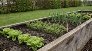 Hochbeet im Frühjahr mit jungen Salatpflanzen und beschrifteten Reihen