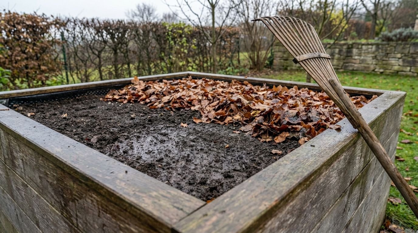Hochbeet im Winter abdecken: leeres Beet im November, zur Hälfte mit brauner Laubschicht bedeckt Hochbeet im Winter abdecken: leeres Beet im November, zur Hälfte mit brauner Laubschicht bedeckt