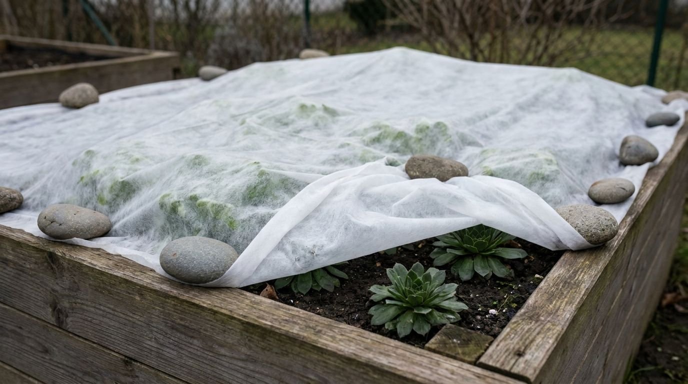 Gartenvlies liegt locker über einem Hochbeet mit Feldsalat, Ränder mit Steinen beschwert Gartenvlies liegt locker über einem Hochbeet mit Feldsalat, Ränder mit Steinen beschwert